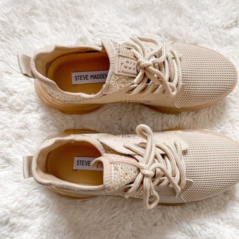 Steve Madden Maxima Rhinestone Crystal Tan Blush Sneakers Shoes Runners Sz  7.5 - Picture 7 of 10